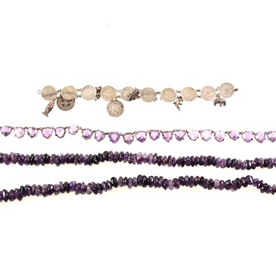 Lot 223 - An amethyst necklace of heart shaped stones, an amethyst tumble stone necklace, 3d  bracelet, ingot and brooch.