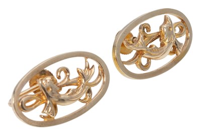 Lot 176 - Geoffrey G Bellamy for George Tarratt - A pair of 9 carat yellow gold dolphin earrings.