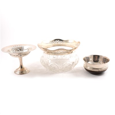 Lot 191 - A silver pedestal sweetmeat bowl by Thomas Bradbury & Son and two silver-mounted bowls
