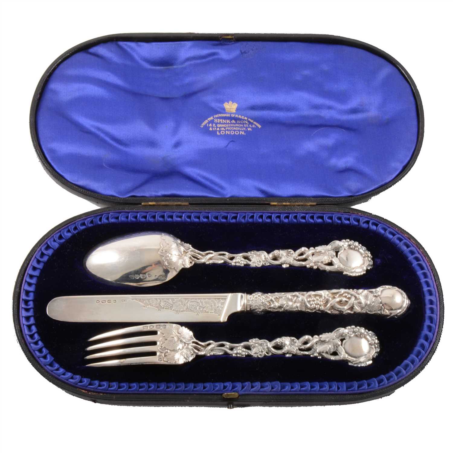 Lot 100 - Victorian silver knife, fork and spoon set, George Adams, London 1857