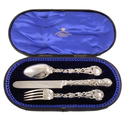Lot 100 - Victorian silver knife, fork and spoon set, George Adams, London 1857