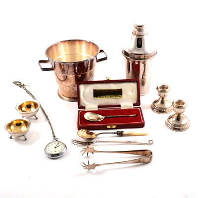 Lot 178 - Silver and silver-plated ware; including pair of dwarf candle sticks, tea strainer, etc.