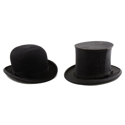Lot 103 - An opera top hat and a black bowler "Superfine" bowler, pair of ankle guards.