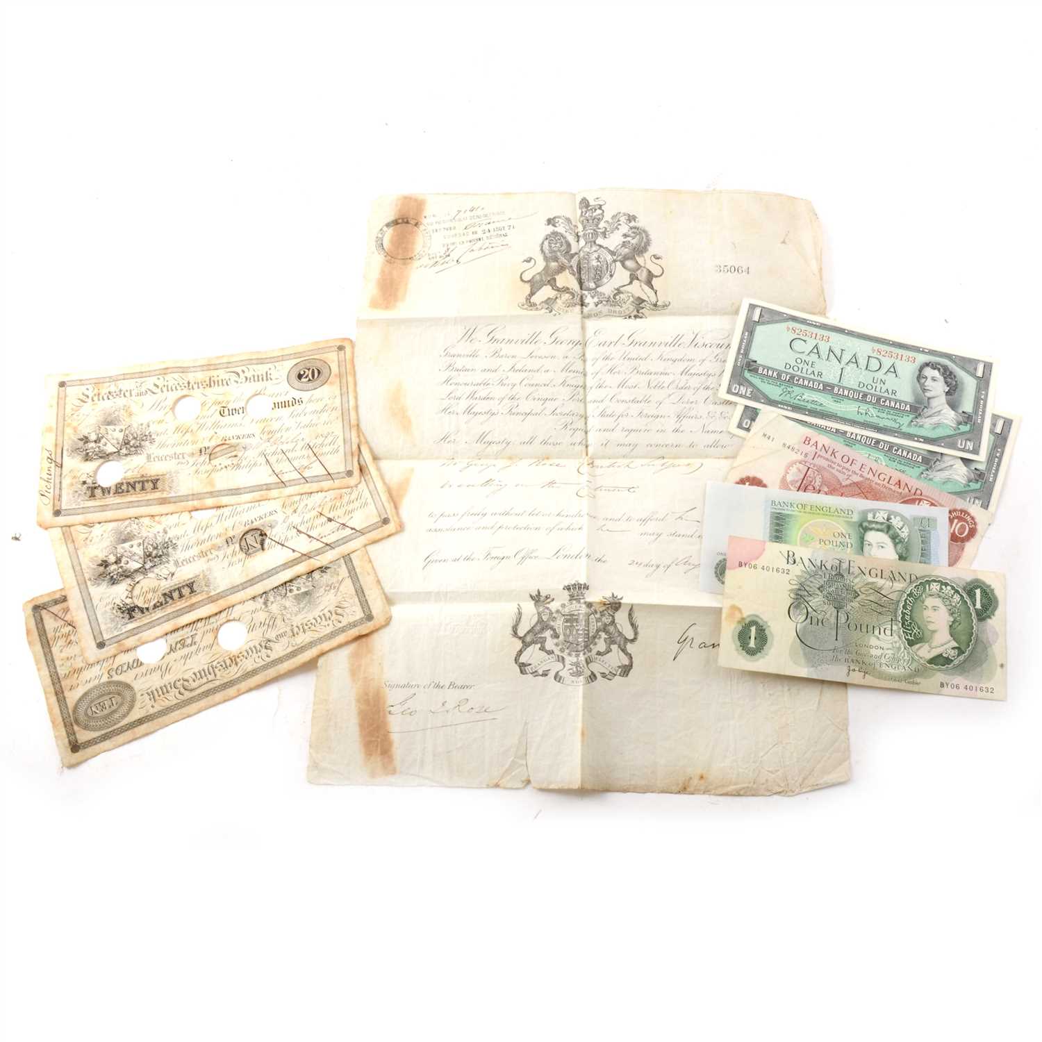 Lot 170 - Victorian passport 1871 and a small collection of banknotes