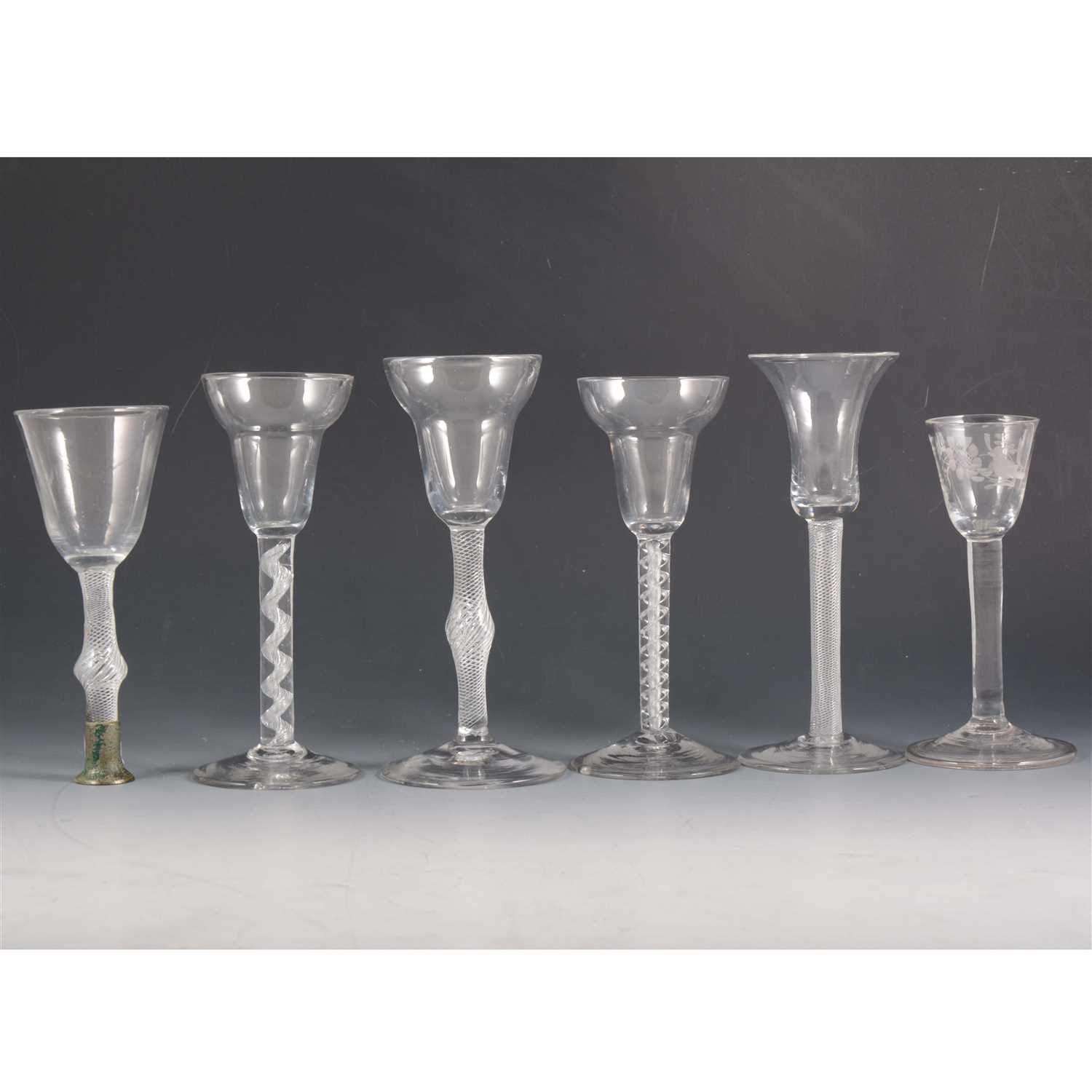 Lot 3 - A George III style cordial glass, together with five other glasses.
