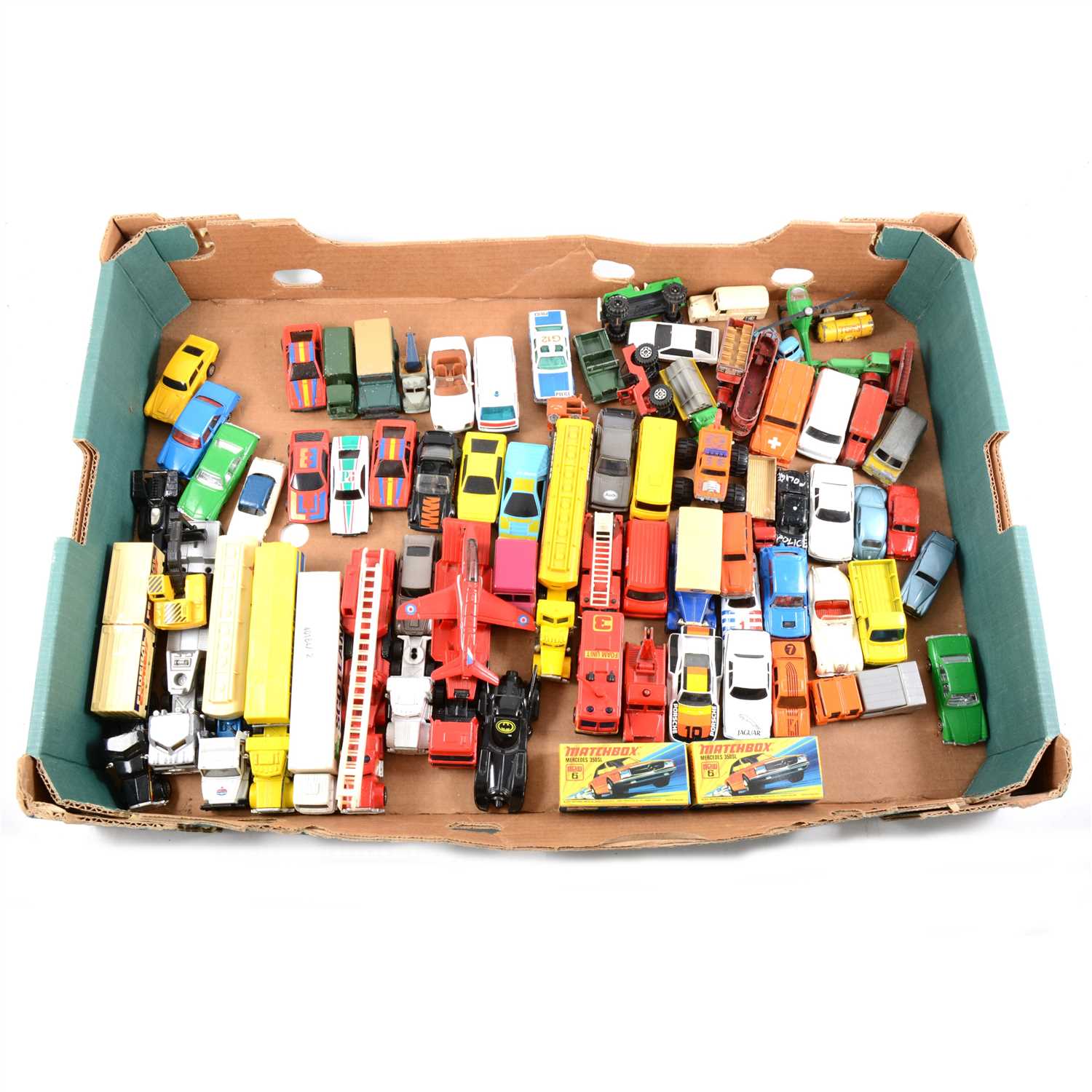Lot 280 - Matchbox Toys and other models; one tray including Superfast no.6 Mercedes 350SL, (x2 both boxed), other Matchbox 1-75 series models, and Ertl, Corgi and other makers.