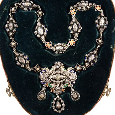 Lot 253 - A rose diamond and enamel necklace set in original box.