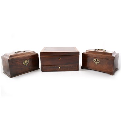 Lot 114 - Two mahogany tea caddies, a jewellery box with drawer, and an oak writing slope.