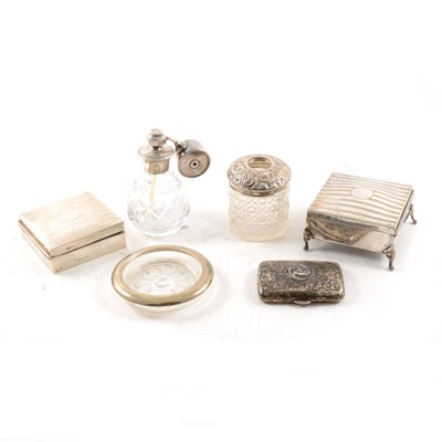 Lot 369 - A collection of silver and glass to include two cigarette boxes, perfume atomiser, glass cotton wool jar with silver cover etc