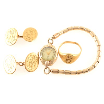 Lot 275 - A gold ring, pair of cufflinks and Tudor wrist watch
