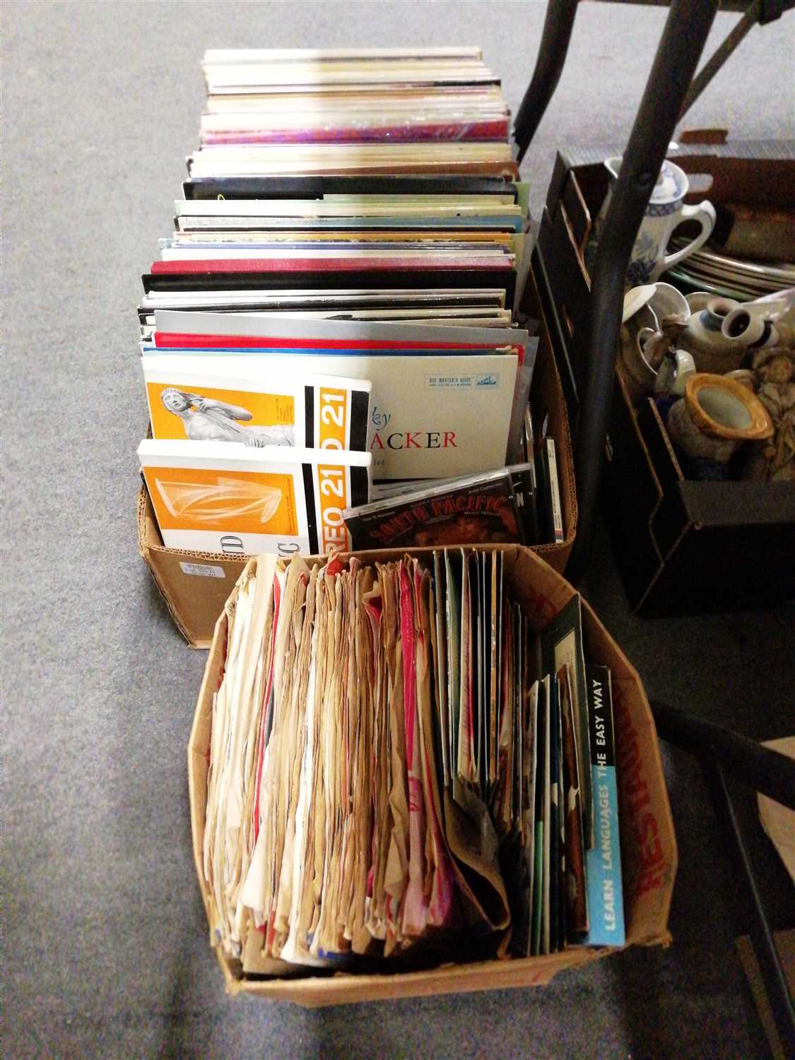Lot 101 - Vinyl music records, two boxes of LPs, singles and 78s, mostly Classical music.