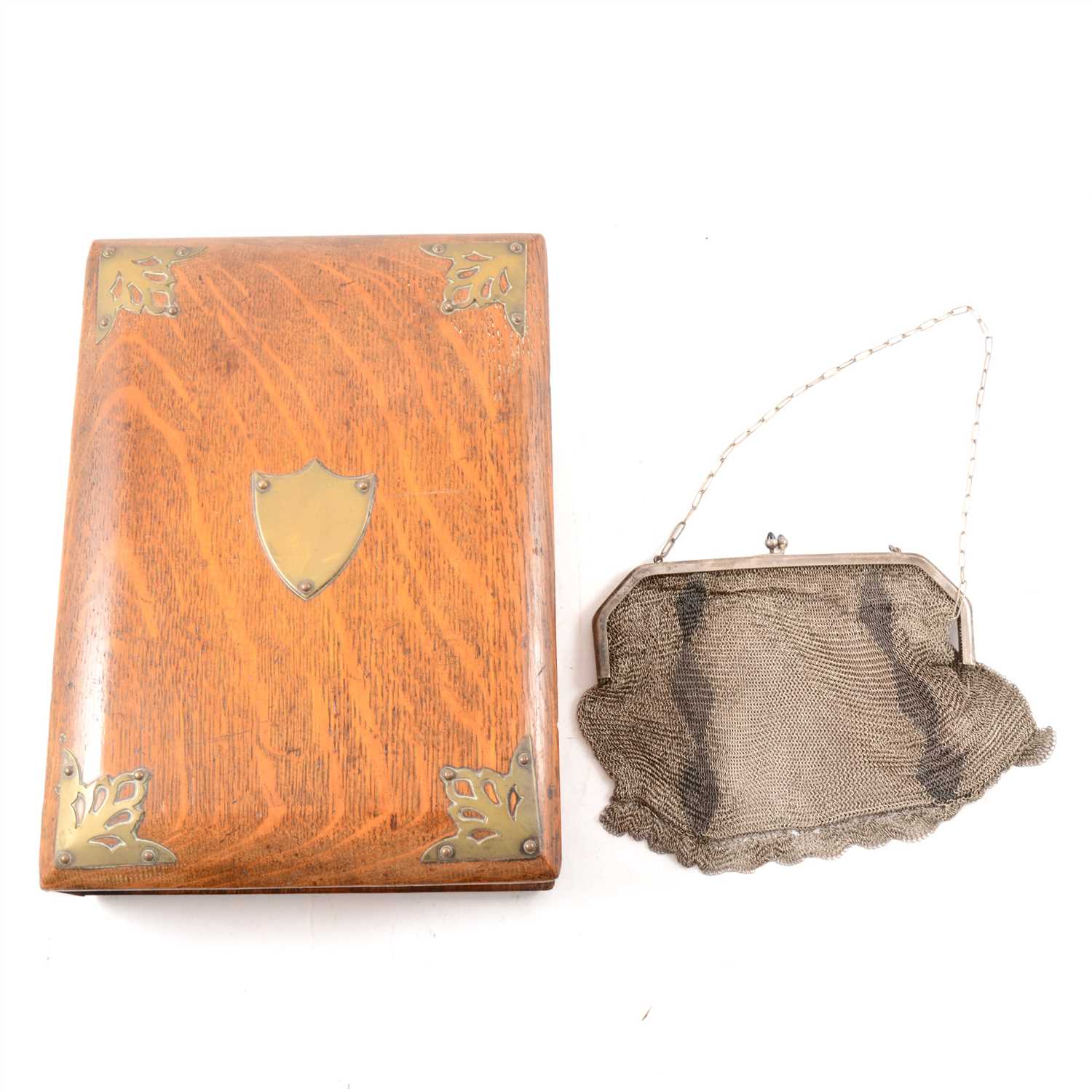 Lot 156 - A metal chain mail evening purse and an oak brass bound box.