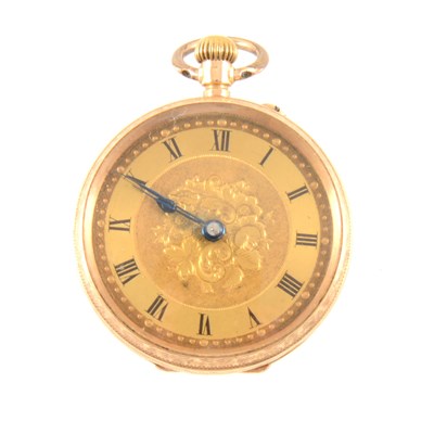 Lot 311 - A 14k yellow metal open face fob watch