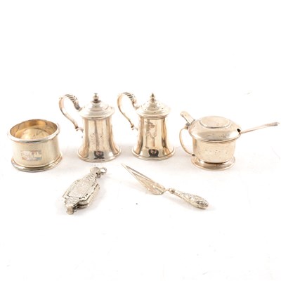 Lot 362 - A Liberty silver mustard pot, silver salt and pepper, napkin ring, book mark and lorgnette