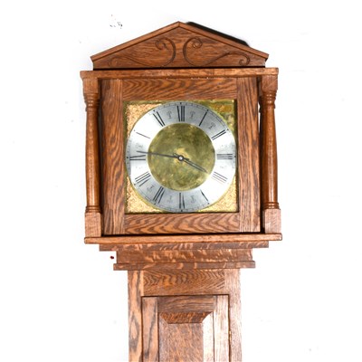 Lot 343 - Contemporary oak longcase clock, square brass...