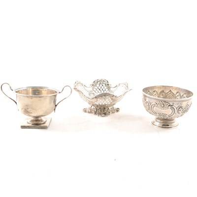 Lot 352 - Silver bonbon dish, sugar bowl and trophy