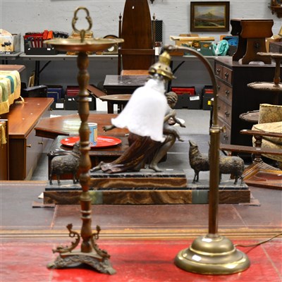 Lot 323A - A lacquered brass table lamp with frosted shade, and a brass pedestal ash tray