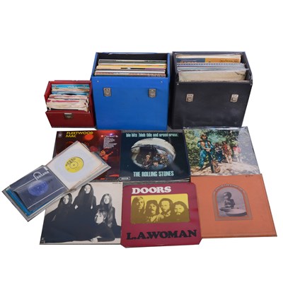 Lot 692 - Vinyl music LP and 7" single records; a collection in three cases and folder, including The Doors
