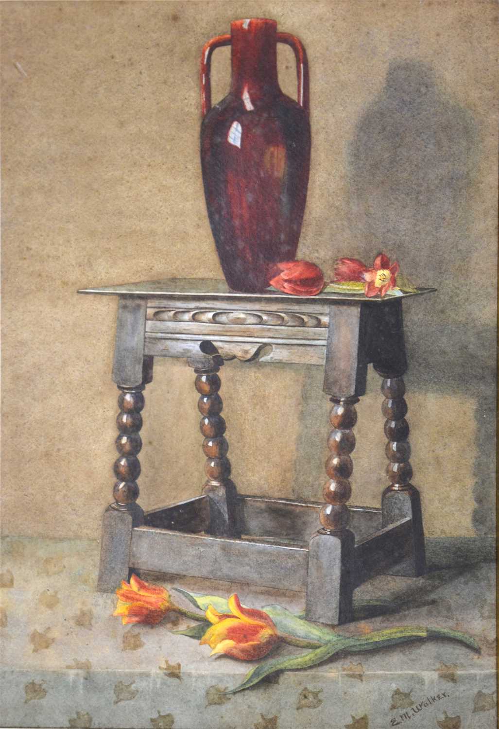 Lot 330 - E M Walker, Still life of a vase on a stool