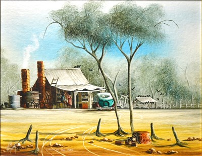 Lot 386 - Max Mannix, Crows on The Roof", Australian artist 1939 -, oil on board, 29cm x 37cm, signed with title bottom left