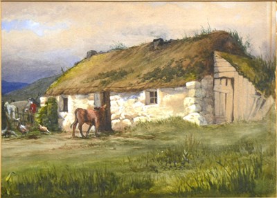 Lot 252 - Frederick Ramsden, rural scene with thatched bothy and cattle, 16cm x 23cm