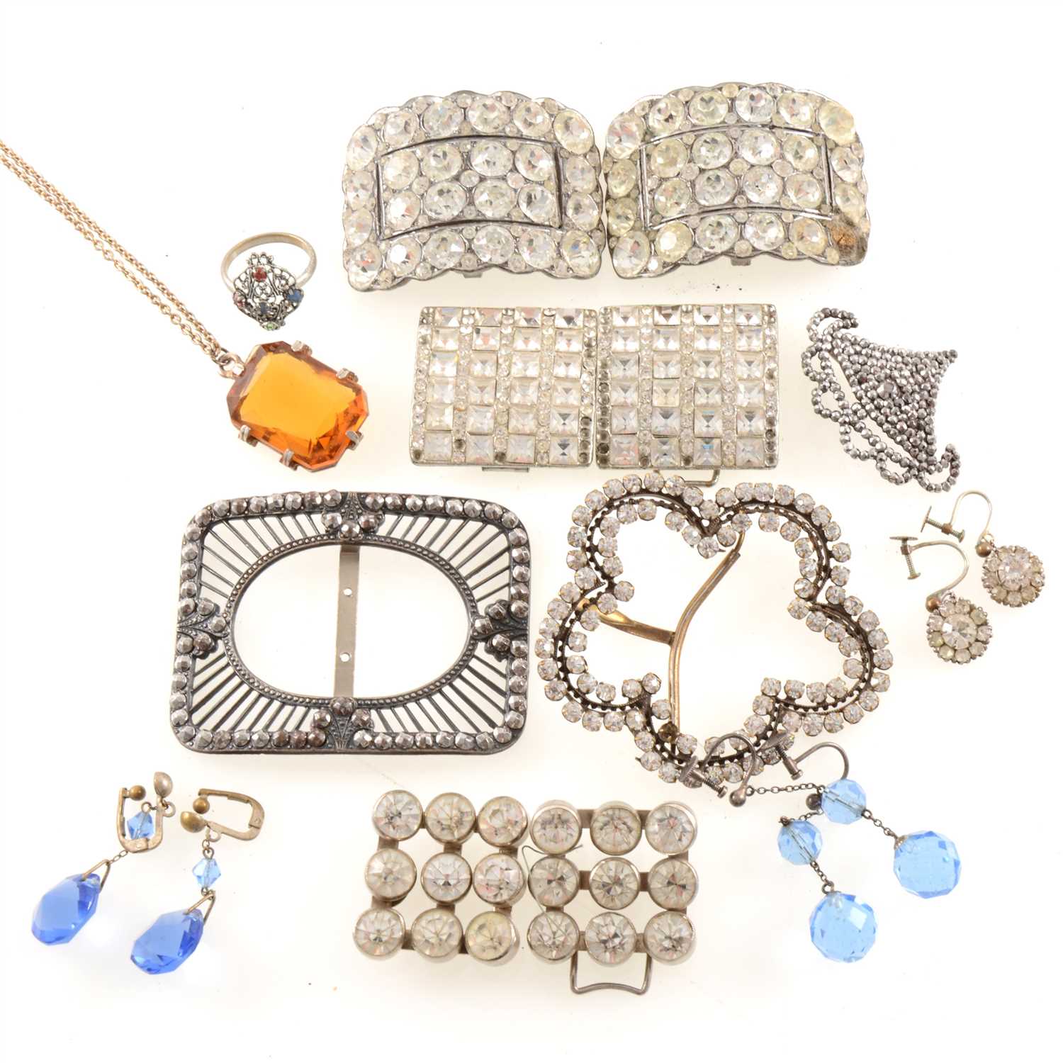 Lot 210 - A collection of vintage paste set buckles, brooch, earrings, pendant etc