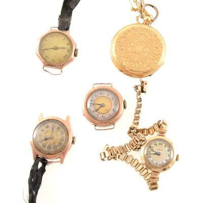 Lot 279 - A yellow metal fob watch and four wrist watches.