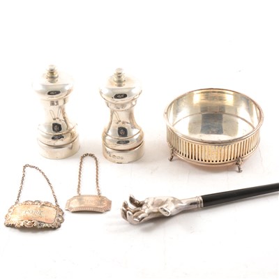 Lot 361 - Pair of silver pepper mills, back scratcher, etc.