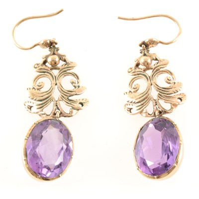 Lot 247 - A pair of amethyst drop earrings.