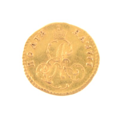 Lot 294 - Russia, Catherine II Gold Poltina (Half Rouble) 1777, approx 0.5g