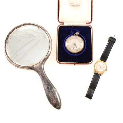 Lot 313 - A silver pocket watch, hand mirror and Buler watch.
