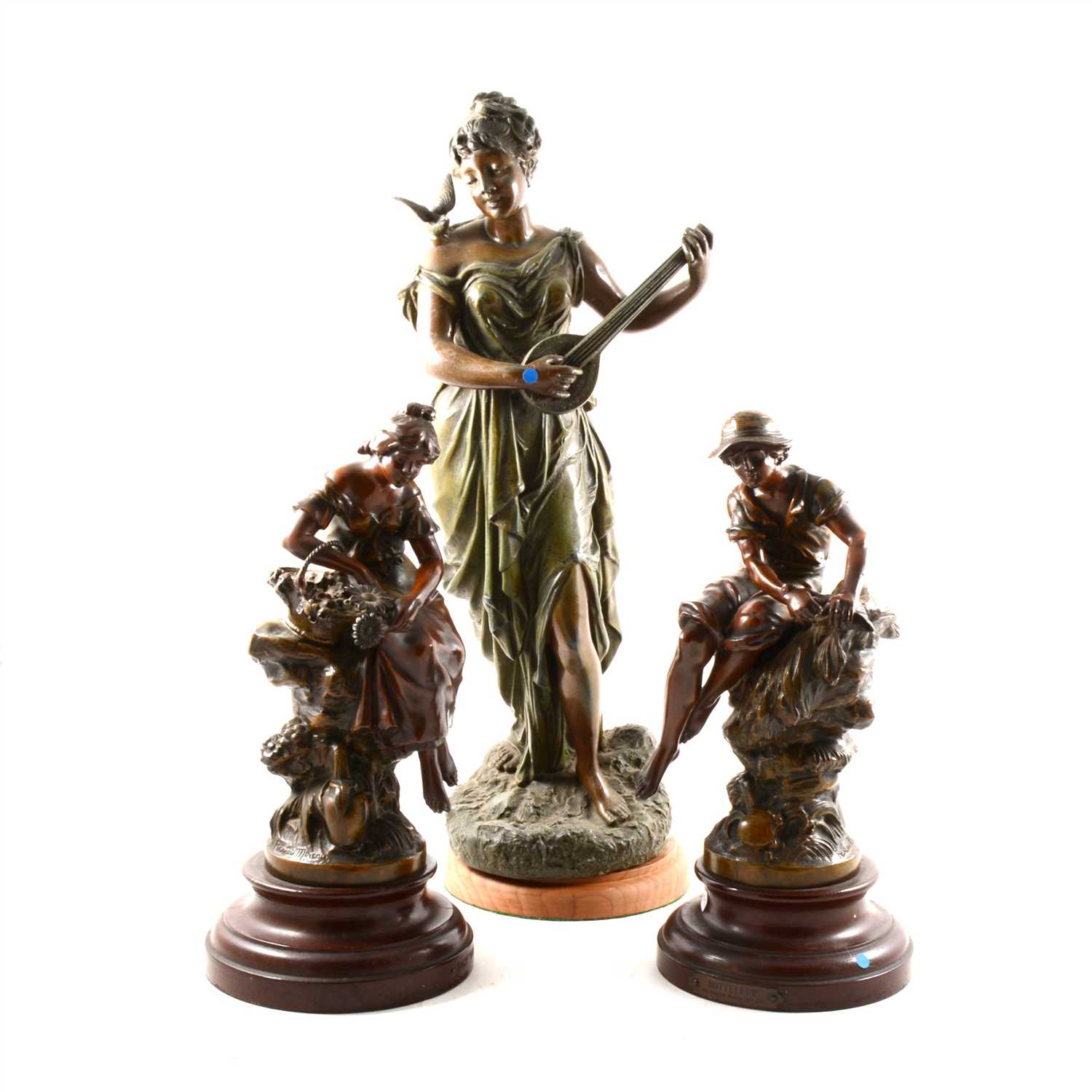 Lot 107 - After Moreau, Botteleur, and, Fontaine Fleurie, a pair of patinated spelter figures