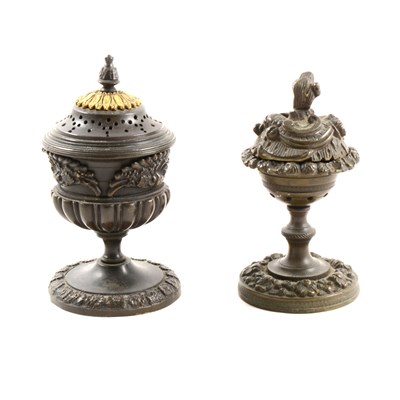 Lot 142 - French bronze urn-shape pounce pot, gilt rosette collar, cast decoration, 12cm; and a bronzed pounce pot.