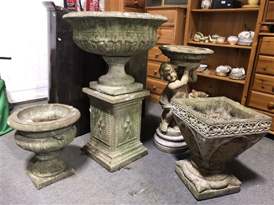 Lot 444 - Stone birdbath and various planters.