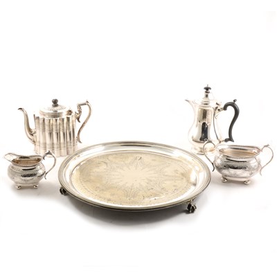Lot 135 - Quantity of silver plate teapots, teasets, etc and a silver circular tray.