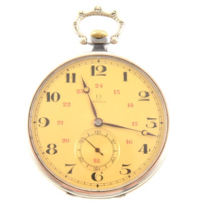 Lot 312 - Omega - an open face gunmetal pocket watch.