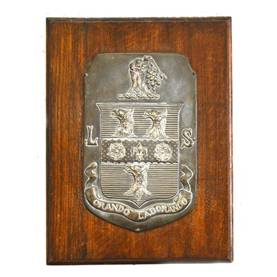 Lot 158 - Rugby School interest; a silver plated panel with the School Arms