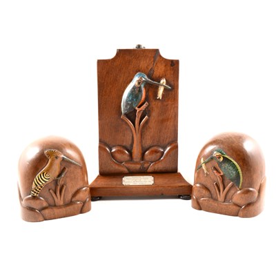 Lot 116 - A pair of mahogany book ends and lamp decorated with coloured Kingfishers and Hoopoe birds in relief