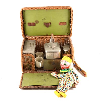 Lot 130 - Pelham Puppet clown, boxed, along with a vintage wicker picnic basket with interior, 36cm length.