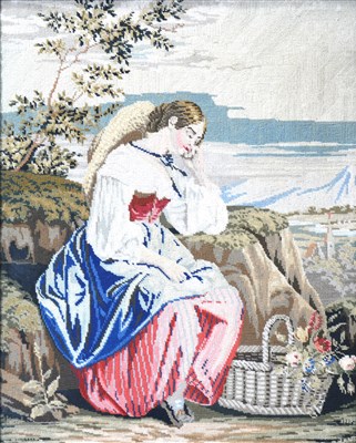 Lot 402 - Sampler and a woolwork picture of girl with basket.