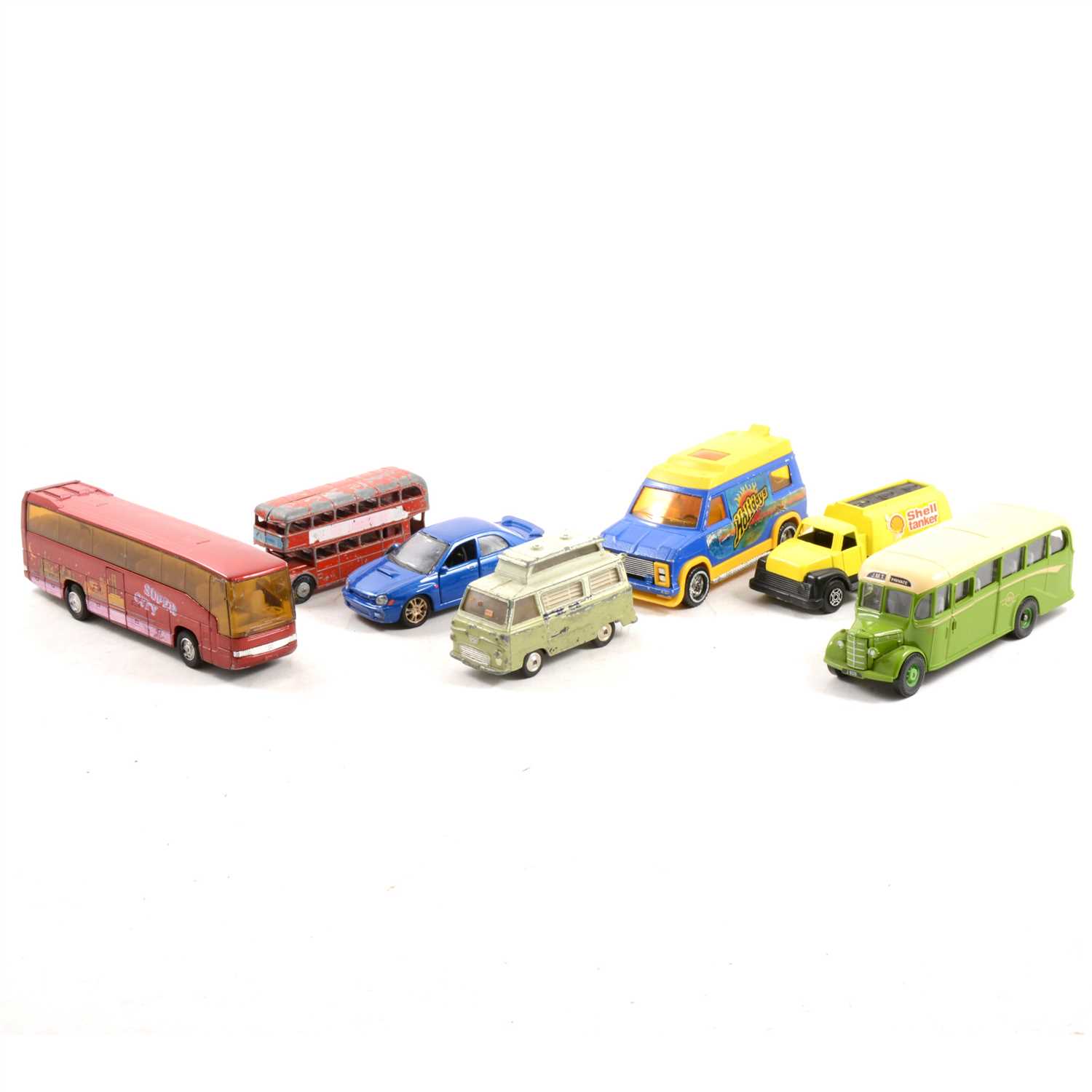 Lot 124 - Loose and playworn die-cast model cars and vehicles, including Tonka, Corgi, Britains and others, two trays.
