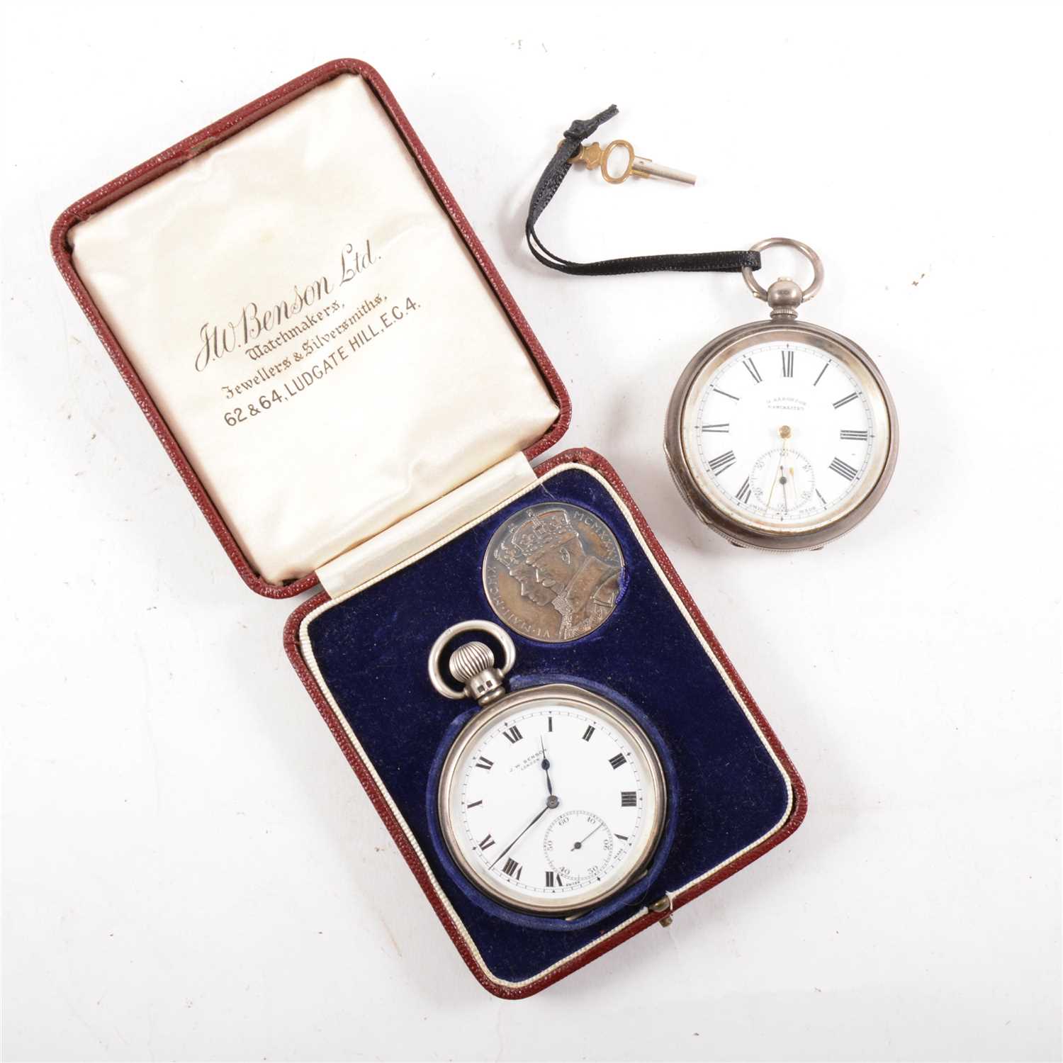 Lot 237 - A 1935 King George V and Queen Mary Silver Jubilee silver cased pocket watch and medal, by JW Benson