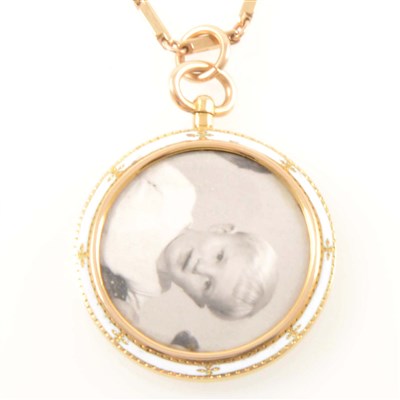 Lot 224 - An enamel photo frame pendant and chain