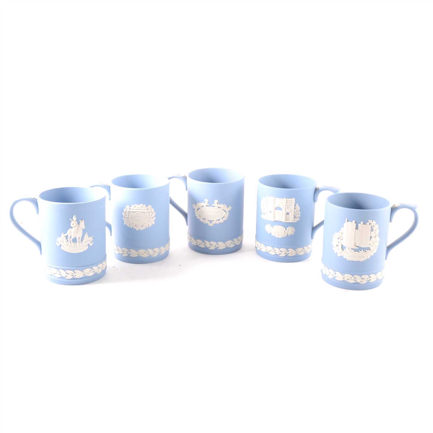 Lot 117 - A collection of Wedgwood Blue Jasperware commemorative mugs, ...