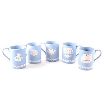 Lot 117 - A collection of Wedgwood Blue Jasperware commemorative mugs, ...