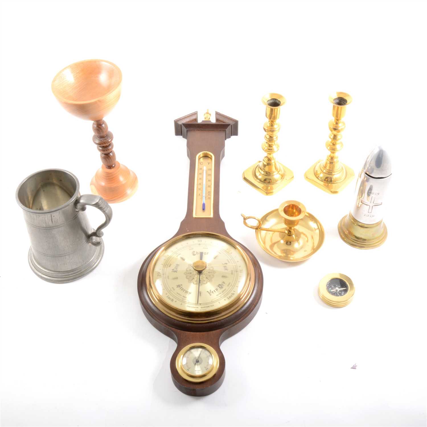 Lot 105 - A modern aneroid wall barometer, brass and other wooden items