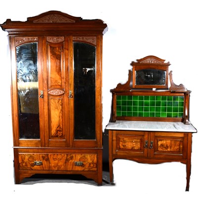 Lot 518 - Edwardian walnut dressing table, chest of drawers, wardrobe and washstand