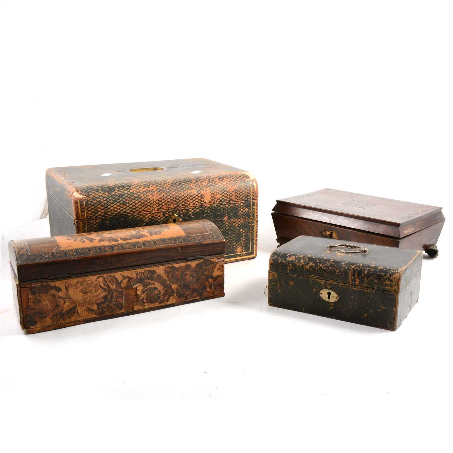 Lot 137 - A dome-topped Tunbridge ware glove box (AF), Victorian rosewood and brass casket, and two leather jewellery cases