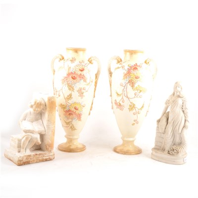 Lot 89 - Pair of Royal Bonn pottery vases; a Worcester vase, continental table centre; two Parian figures, etc.