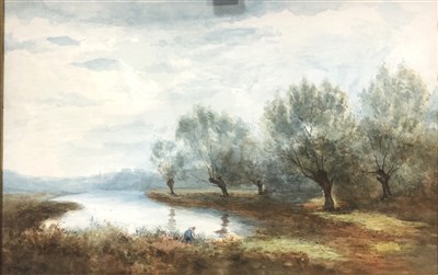 Lot 405 - C. W. Tongue, figure by a lake, watercolour; and other works.